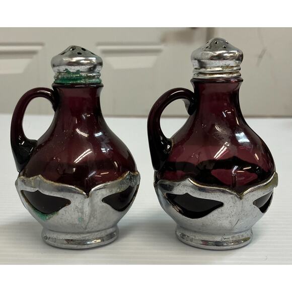 1930s Amethyst Cambridge Glass Insert Krome-Kraft Salt & Pepper Shakers AAA3278 - Picture 13 of 16
